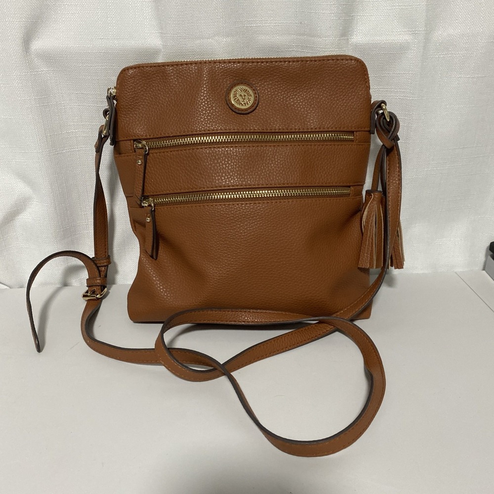 ANNE KLEIN CROSS BODY CAMEL BROWN FAUX  LEATHER PURSE BAG PEBBLED TRAVELER